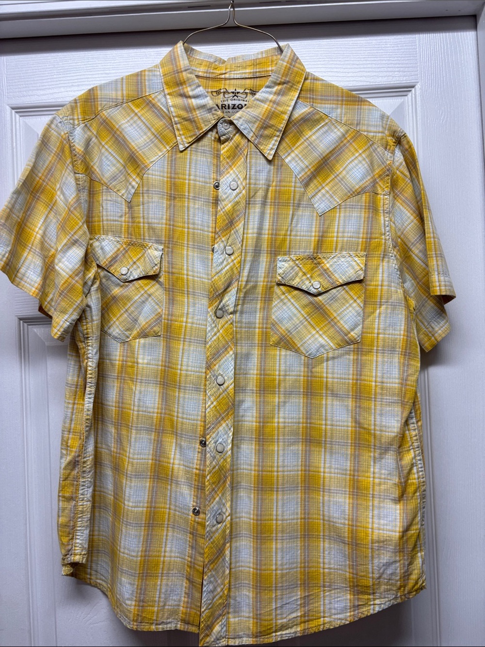 Arizona Jean Company Short-Sleeve Yellow Plaid Western Shirt Snap Buttons Mens L